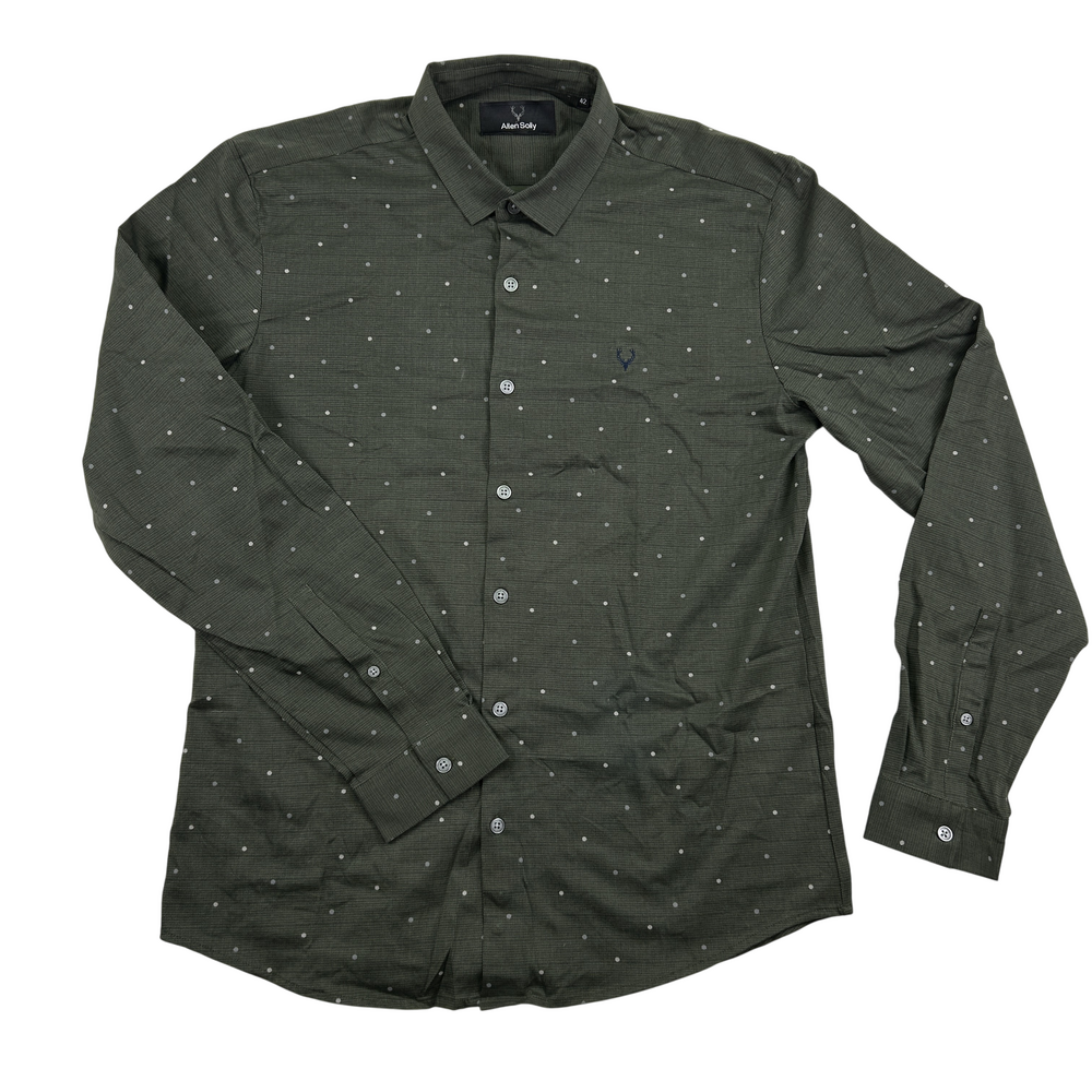 Allen Solly Shirt Mens 42 Slim Fit Green Polka Dot Button-Up Long Sleeve